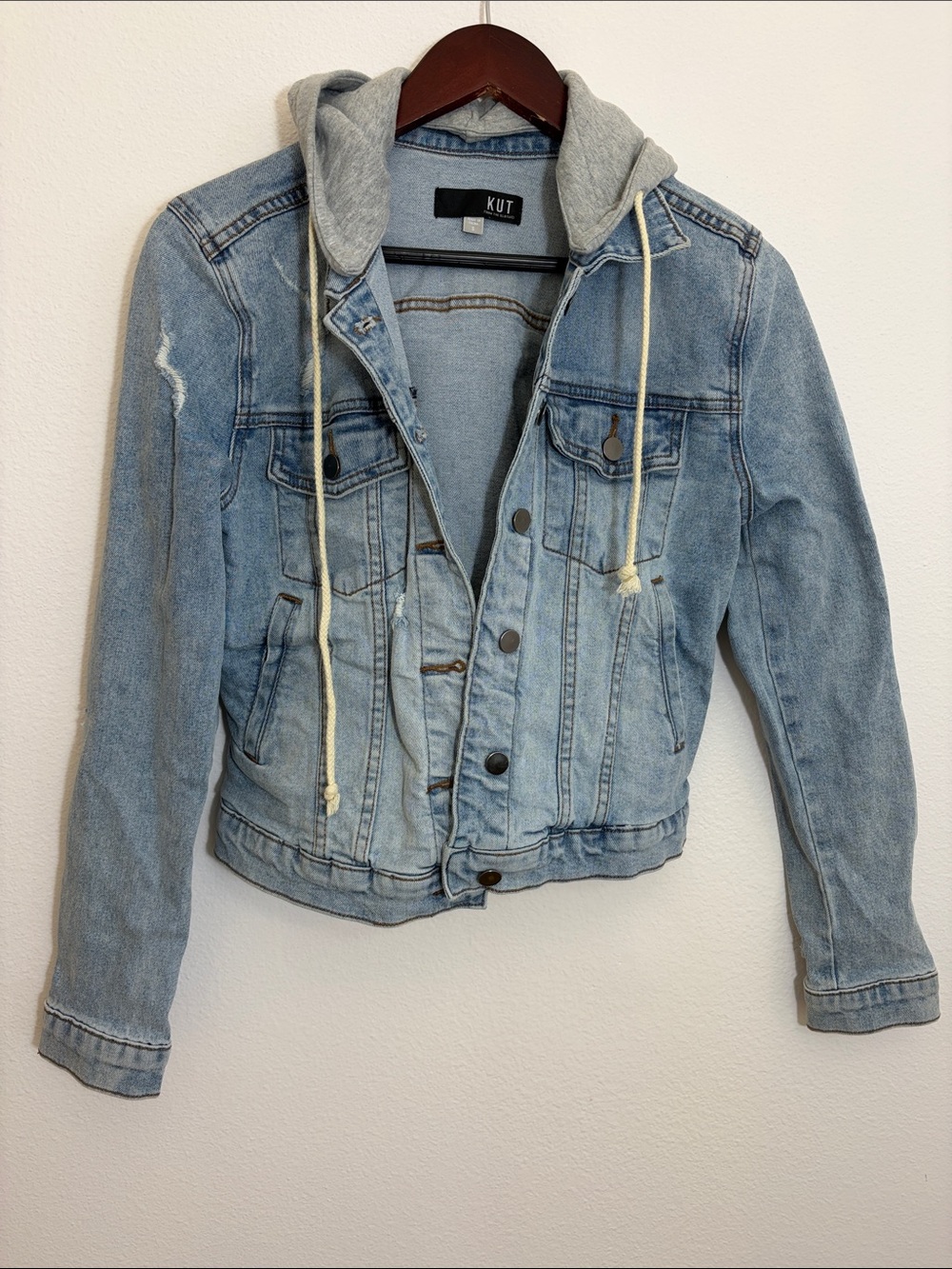 Kut from the Kloth Light Wash Denim Jacket with Removable Gray Hood